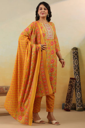 Yellow Embroidered Cotton Blend Kurti Pant Set (IDKH0YL12005)