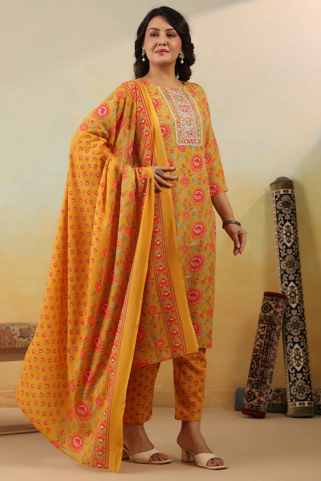 Yellow Embroidered Cotton Blend Kurti Pant Set (IDKH0YL12005)