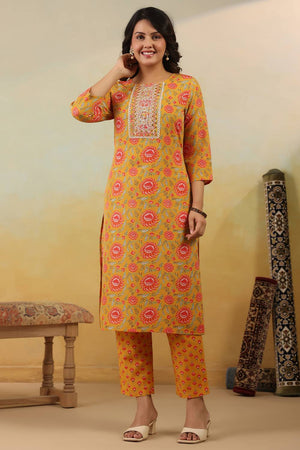 Yellow Embroidered Cotton Blend Kurti Pant Set (IDKH0YL12005)