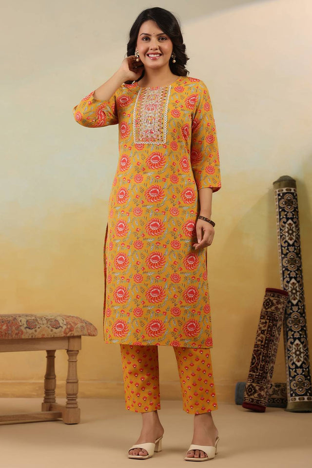 Yellow Embroidered Cotton Blend Kurti Pant Set (IDKH0YL12005)