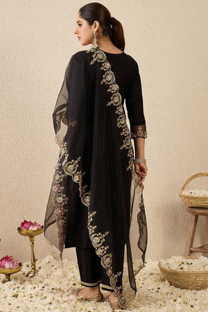 Black Embroidered Liva Kurti Pant Set (IDKH1BK11968)