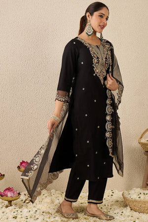 Black Embroidered Liva Kurti Pant Set (IDKH1BK11968)