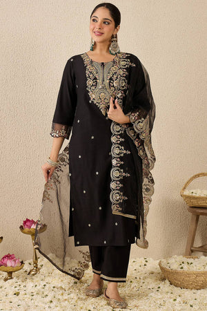 Black Embroidered Liva Kurti Pant Set (IDKH1BK11968)