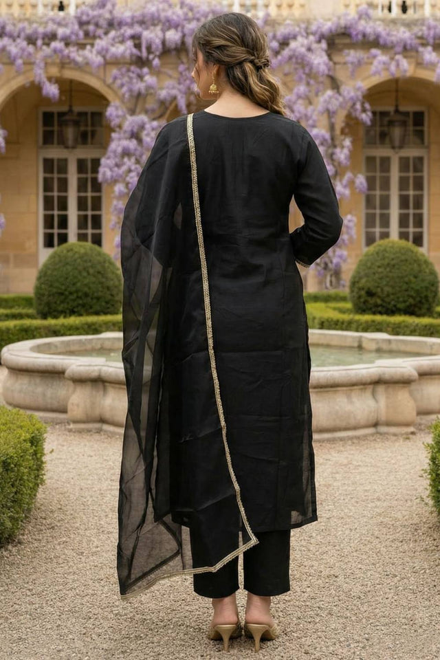 Black Floral Embroidered Liva Kurti Pant Set (IDKH1BK12383)