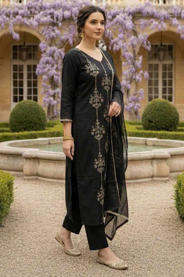 Black Floral Embroidered Liva Kurti Pant Set (IDKH1BK12383)