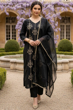 Black Floral Embroidered Liva Kurti Pant Set (IDKH1BK12383)