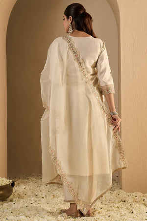Off White Embroidered Liva Kurti Pant Set (IDKH1OW11966)