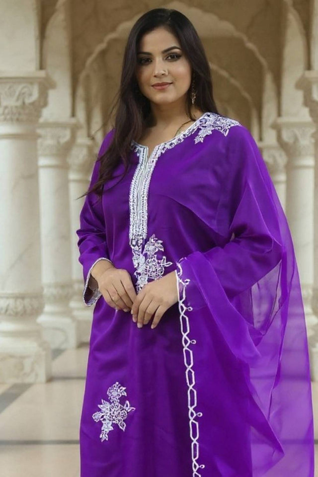 Violet Floral Embroidered Liva Kurti Pant Set (IDKH1PR11724)