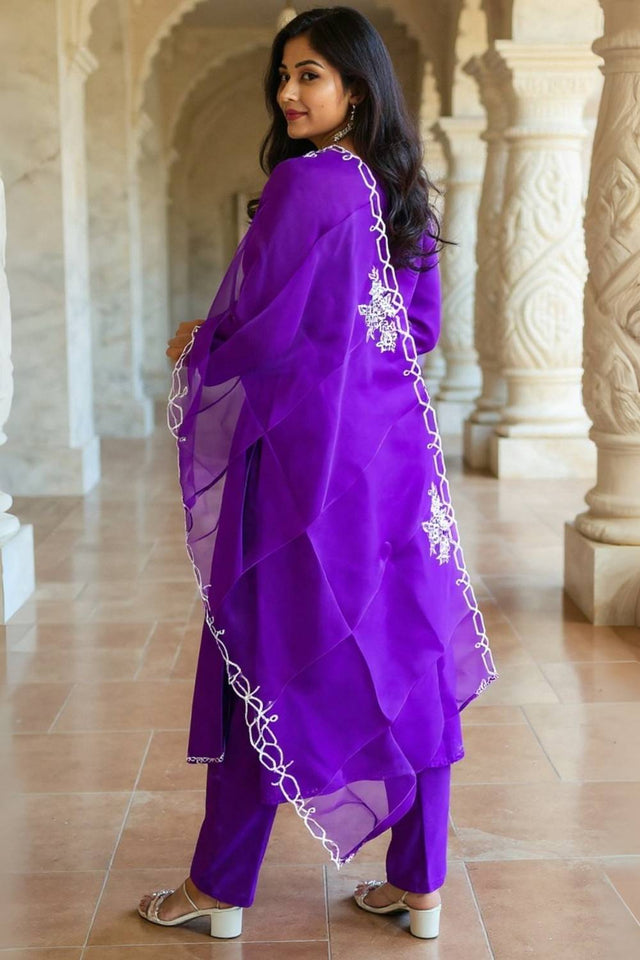 Violet Floral Embroidered Liva Kurti Pant Set (IDKH1PR11724)