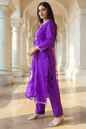 Violet Floral Embroidered Liva Kurti Pant Set (IDKH1PR11724)