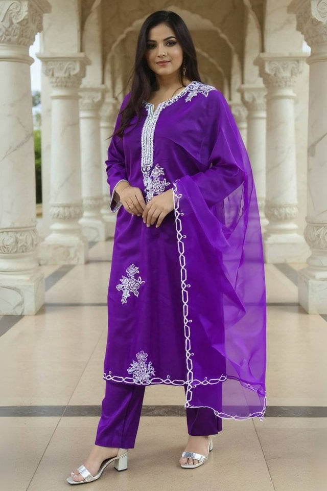 Violet Floral Embroidered Liva Kurti Pant Set (IDKH1PR11724)