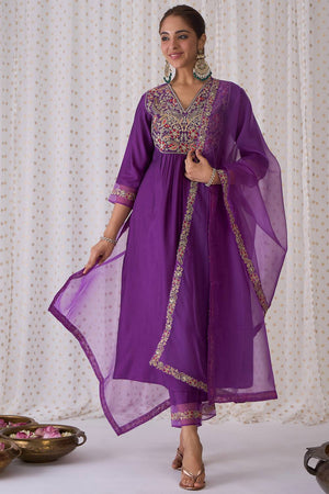 Violet Embroidered Liva Kurti Pant Set (IDKH1PR6105)