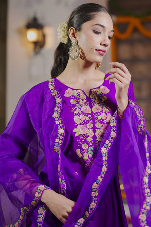 Violet Floral Sequin Embroidered Liva Kurti Pant Set (IDKH1PR6271)