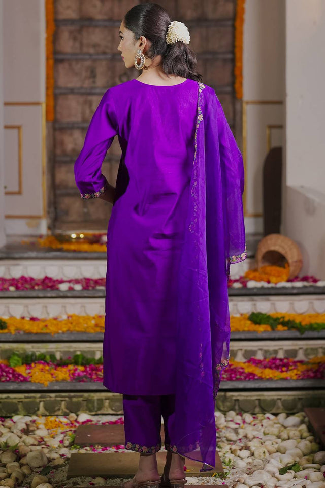Violet Floral Sequin Embroidered Liva Kurti Pant Set (IDKH1PR6271)