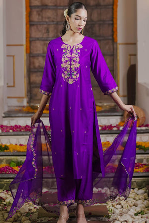 Violet Floral Sequin Embroidered Liva Kurti Pant Set (IDKH1PR6271)