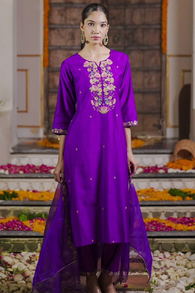 Violet Floral Sequin Embroidered Liva Kurti Pant Set (IDKH1PR6271)