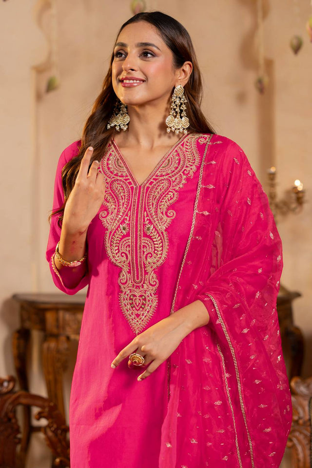 Pink Embroidered Liva Kurti Pant Set (IDKH1RP11972)