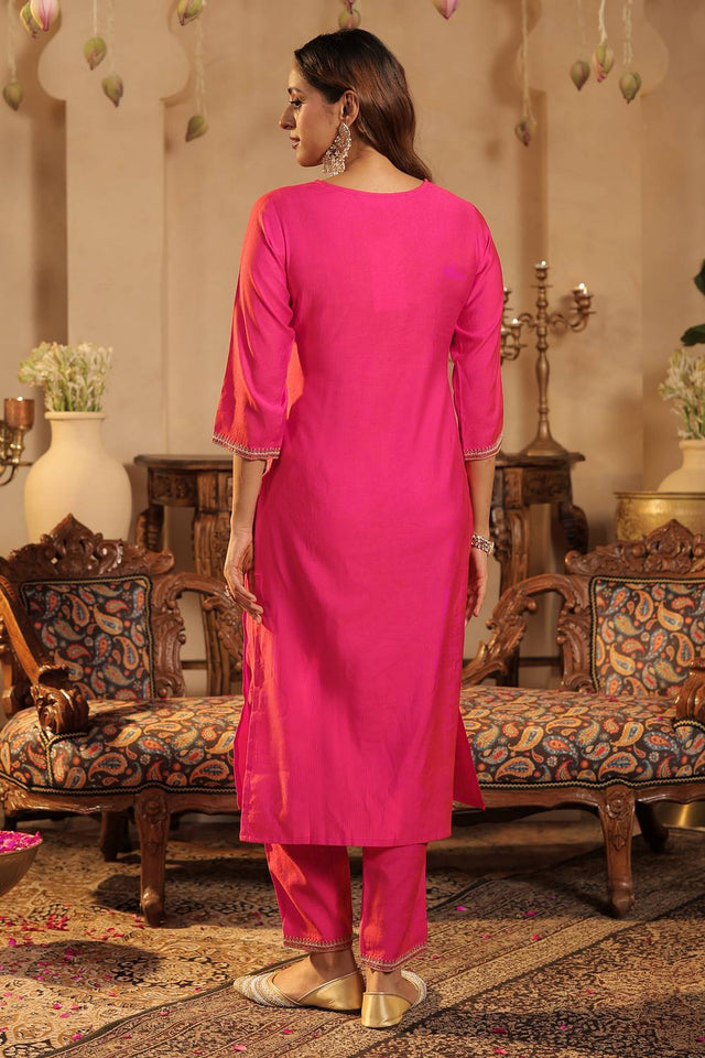Pink Embroidered Liva Kurti Pant Set (IDKH1RP11972)