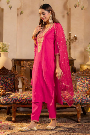 Pink Embroidered Liva Kurti Pant Set (IDKH1RP11972)