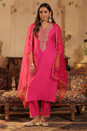 Pink Embroidered Liva Kurti Pant Set (IDKH1RP11972)
