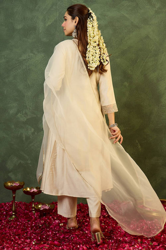 White Embroidered Liva Kurti Pant Set (IDKH1WH12378)