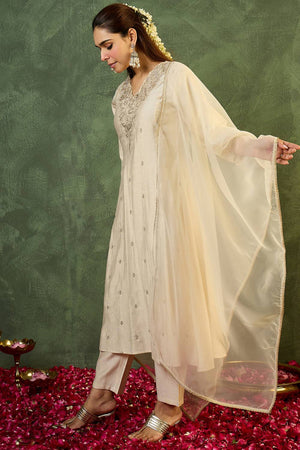 White Embroidered Liva Kurti Pant Set (IDKH1WH12378)