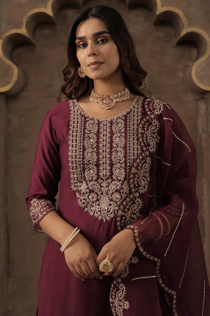 Maroon Embroidered Liva Kurti Pant Set (IDKH1WN12198)