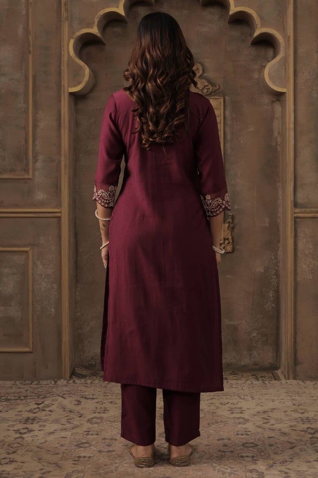 Maroon Embroidered Liva Kurti Pant Set (IDKH1WN12198)