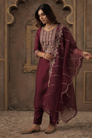 Maroon Embroidered Liva Kurti Pant Set (IDKH1WN12198)
