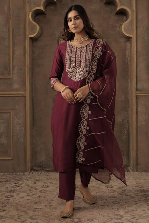 Maroon Embroidered Liva Kurti Pant Set (IDKH1WN12198)