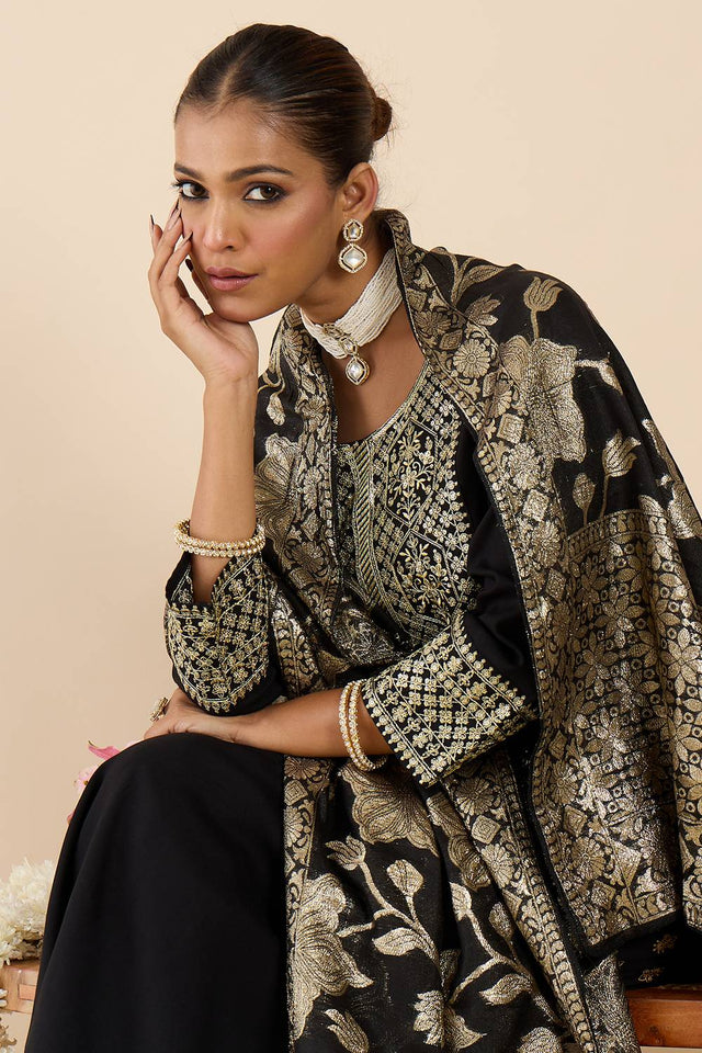 Black Embroidered Rayon Kurti Pant Set (IDKH5BK12218)