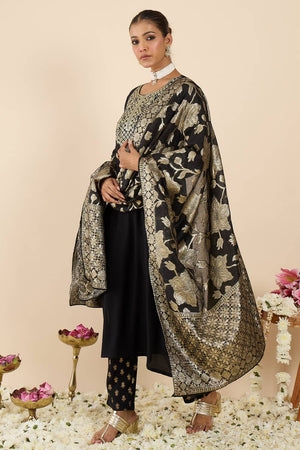 Black Embroidered Rayon Kurti Pant Set (IDKH5BK12218)