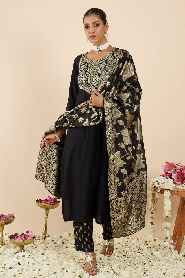 Black Embroidered Rayon Kurti Pant Set (IDKH5BK12218)
