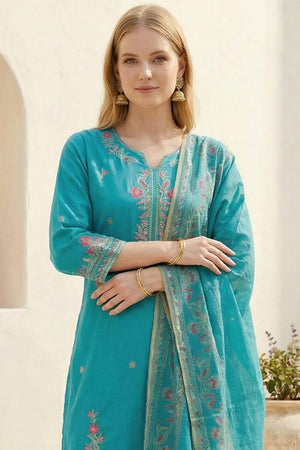 Blue Embroidered Rayon Kurti Pant Set (IDKH5BL11585)