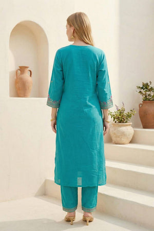 Blue Embroidered Rayon Kurti Pant Set (IDKH5BL11585)