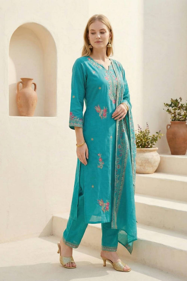 Blue Embroidered Rayon Kurti Pant Set (IDKH5BL11585)