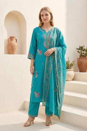 Blue Embroidered Rayon Kurti Pant Set (IDKH5BL11585)