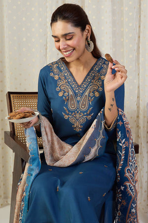 Blue Embroidered Rayon Kurti Pant Set (IDKH5BL12091)