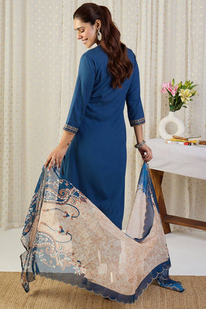 Blue Embroidered Rayon Kurti Pant Set (IDKH5BL12091)