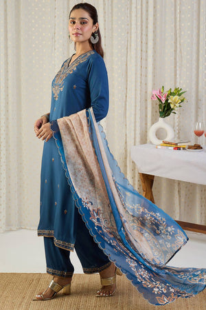 Blue Embroidered Rayon Kurti Pant Set (IDKH5BL12091)