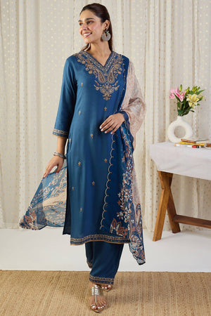 Blue Embroidered Rayon Kurti Pant Set (IDKH5BL12091)