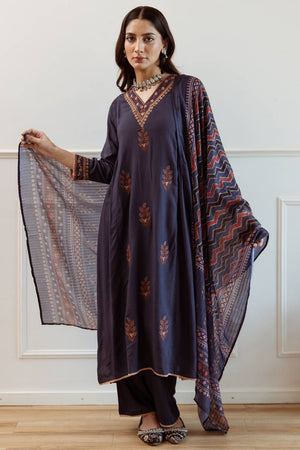 Blue Embroidered Rayon Kurti Pant Set (IDKH5BL6977)