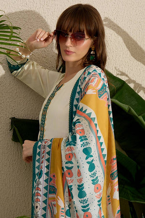 Cream Embroidered Rayon Kurti Pant Set (IDKH5CR10544)