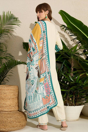 Cream Embroidered Rayon Kurti Pant Set (IDKH5CR10544)