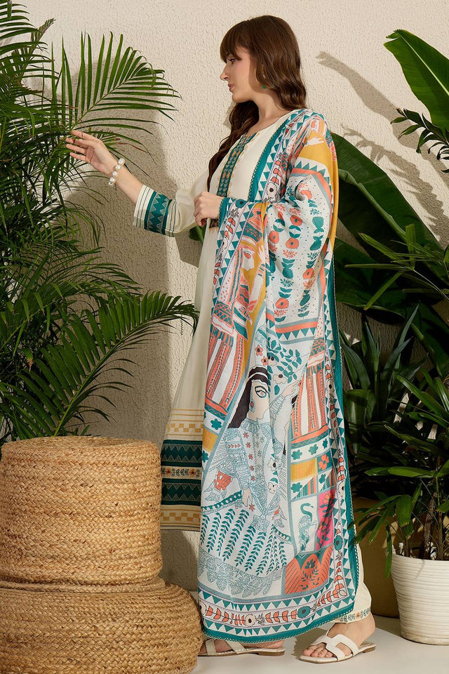 Cream Embroidered Rayon Kurti Pant Set (IDKH5CR10544)