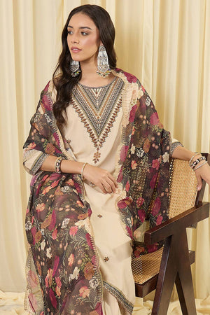 Cream Embroidered Rayon Kurti Pant Set (IDKH5CR12394)