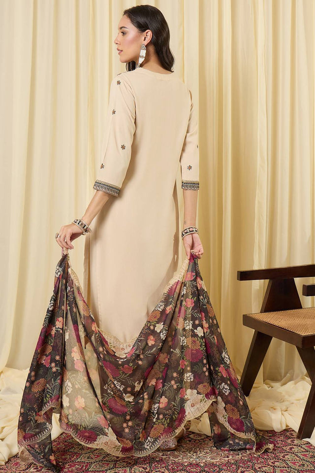 Cream Embroidered Rayon Kurti Pant Set (IDKH5CR12394)