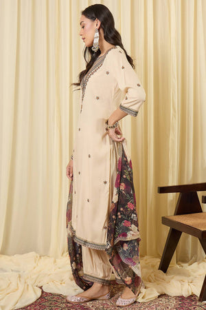 Cream Embroidered Rayon Kurti Pant Set (IDKH5CR12394)