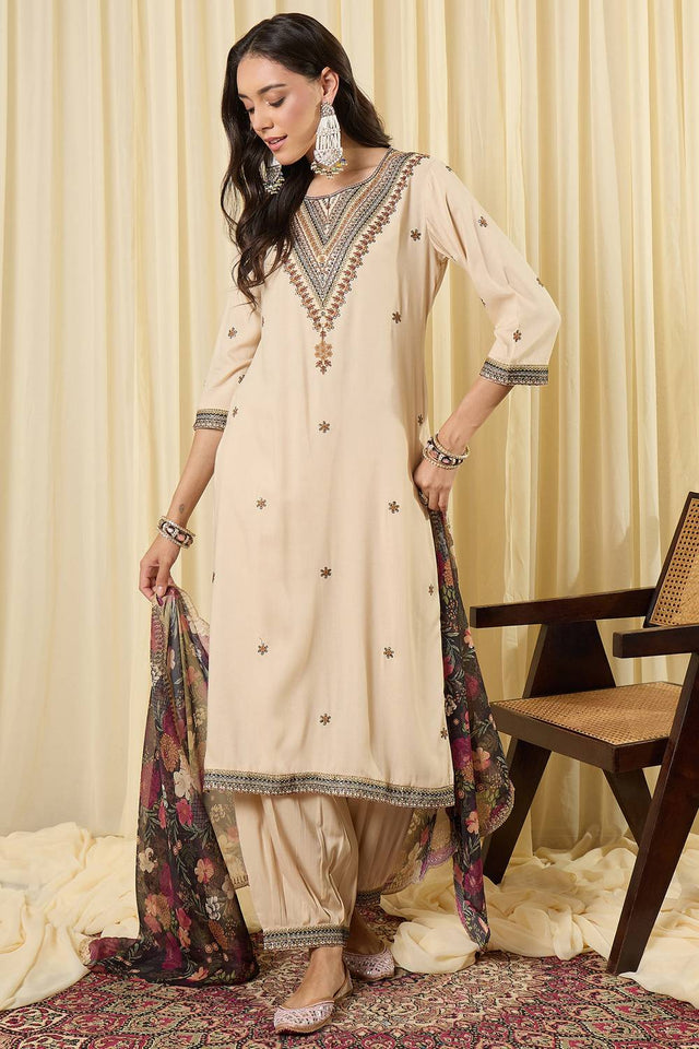 Cream Embroidered Rayon Kurti Pant Set (IDKH5CR12394)
