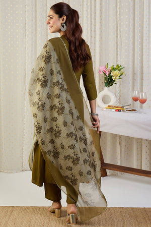 Green Embroidered Rayon Kurti Pant Set (IDKH5GN12215)